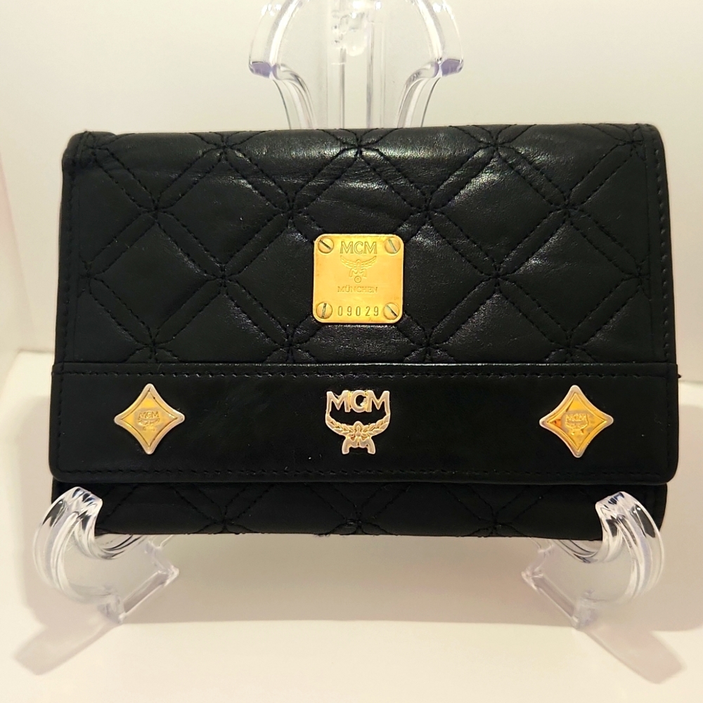 MCM Trifold Quilted Black Leather Wallet